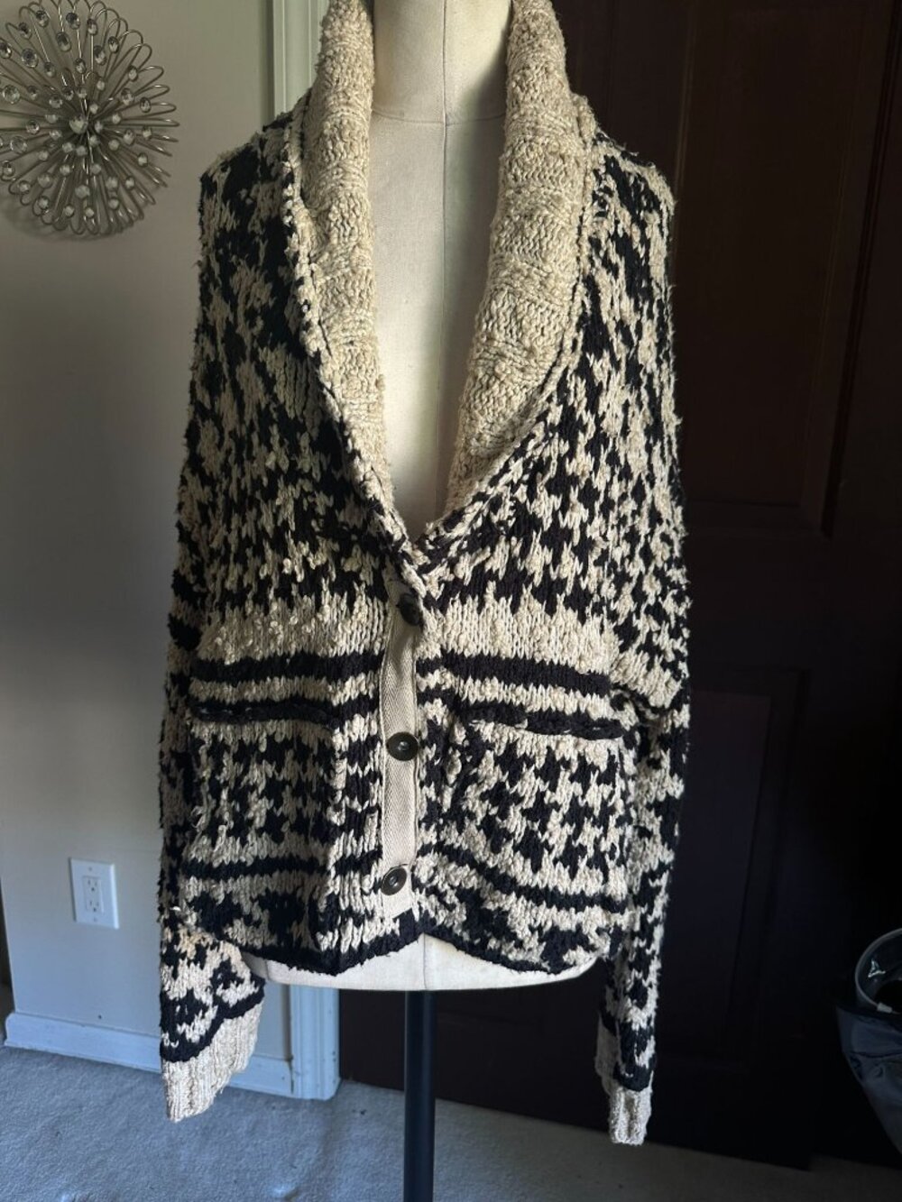 Free People "Girls Will Be Boys" shawl collar cardigan sweater black and tan hou